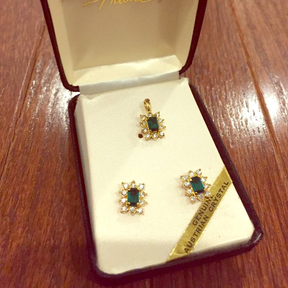 Green and white earrings and necklace charm